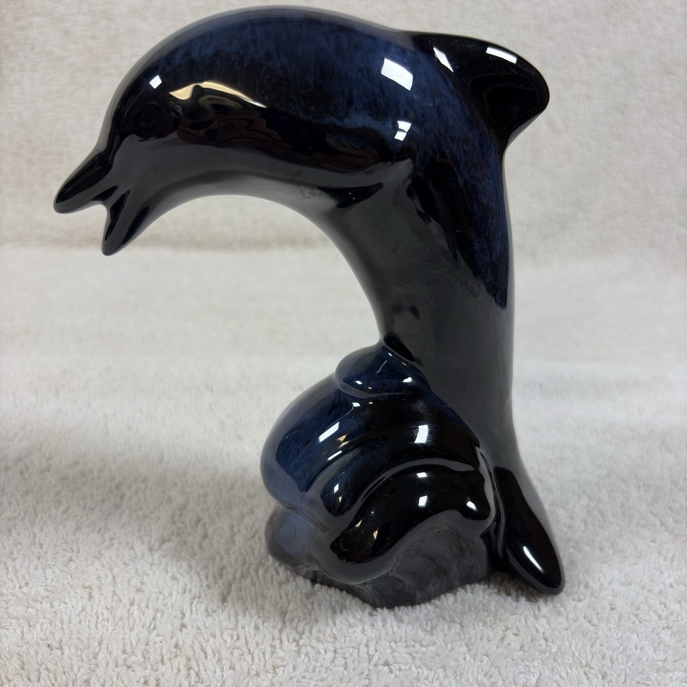 Vintage Blue Black Glazed Ceramic Dolphin Figurine  7"